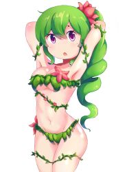 Rule 34 | 1girl, armpits, ass, blush, breasts, cleavage, dryad (terraria), flower, flower on head, green hair, highres, kalia3see, leaves, looking at viewer, navel, open mouth, ponytail, purple eyes, solo, stretching, terraria, thighs, underboob