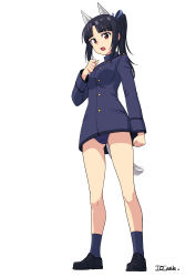 Rule 34 | 1girl, 501st joint fighter wing, absurdres, animal ears, black hair, blue one-piece swimsuit, blue ribbon, brown eyes, dog ears, dog tail, dragoncastle, grey background, hair ribbon, hattori shizuka, highres, looking at viewer, military, military uniform, no pants, one-piece swimsuit, ribbon, solo, strike witches, swimsuit, swimsuit under clothes, tail, uniform, white background, world witches series