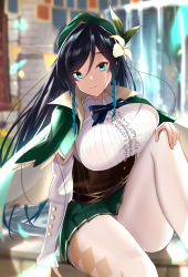 1girl absurdres aqua_eyes black_hair blue_hair braid breasts cabbie_hat cape flower frilled_sleeves frills genderswap genderswap_(mtf) genshin_impact gradient_hair hair_flower hair_ornament hat highres huge_filesize large_breasts long_hair long_sleeves looking_at_viewer multicolored_hair pantyhose perfellcsaiko pleated_skirt sitting skirt smile solo twin_braids venti_(genshin_impact) white_pantyhose