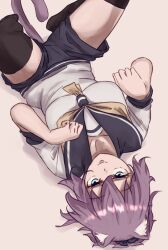 Rule 34 | 1girl, absurdres, animal ears, aoba (kancolle), black sailor collar, black shorts, black thighhighs, blue eyes, blue scrunchie, cat ears, cat tail, commentary request, highres, ikadamo, kantai collection, messy hair, neckerchief, paw pose, ponytail, purple hair, sailor collar, sailor shirt, school uniform, scrunchie, serafuku, shirt, shorts, solo, tail, thighhighs, tongue, tongue out, white shirt, yellow neckerchief