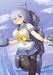 Rule 34 | 1girl, adapted turret, black pantyhose, blue eyes, blue sky, breasts, cannon, cloud, cloudy sky, cowboy shot, day, eyes visible through hair, gloves, gun, hair ornament, hair over one eye, hairclip, hamakaze (kancolle), highres, kantai collection, large breasts, looking at viewer, machinery, mast, neckerchief, ocean, outdoors, pantyhose, pleated skirt, rigging, school uniform, serafuku, short hair, short sleeves, skirt, sky, smokestack, solo, standing, standing on one leg, torpedo, torpedo launcher, torpedo tubes, tsukimoto reiji, turret, water, weapon, white gloves, white hair, yellow neckerchief