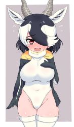 Rule 34 | 1girl, antelope ears, antelope horns, black hair, black hoodie, blackbuck (kemono friends), blush, commentary request, cosplay, cowboy shot, embarrassed, emperor penguin (kemono friends), emperor penguin (kemono friends) (cosplay), extra ears, full-face blush, grey background, hair over one eye, highres, hood, hoodie, immanuel kant04, kemono friends, kemono friends 3, leotard, long sleeves, multicolored hair, red eyes, short hair, simple background, solo, sweatdrop, tearing up, thighhighs, two-tone hair, wavy mouth, white hair, white leotard, white thighhighs, zettai ryouiki