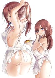 Rule 34 | 1girl, alternate costume, apron, arms behind head, bare arms, bare back, bare shoulders, blue eyes, blue ribbon, blush, breasts, brown hair, cleavage, commentary request, food, from behind, from side, go-toubun no hanayome, hair between eyes, headphones, headphones around neck, highres, holding, holding plate, in mouth, large breasts, long hair, looking at viewer, multiple views, nakano miku, naked apron, omelet, omurice, open mouth, plate, ponytail, ribbon, saya (mychristian2), simple background, white apron, white background