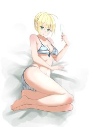 Rule 34 | 1girl, absurdres, ahoge, artoria pendragon (all), artoria pendragon (fate), bad id, bad pixiv id, bikini, braid, breasts, cleavage, fate/stay night, fate (series), food, french braid, front-tie bikini top, front-tie top, green eyes, highres, jilu, lying, medium breasts, navel, on side, popsicle, saber (fate), solo, strap gap, striped bikini, striped clothes, swimsuit, thighs, white background