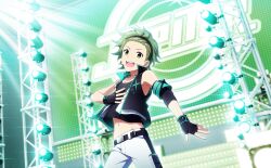 Rule 34 | 1boy, belt, black hairband, fingerless gloves, fingernails, gloves, green eyes, green hair, hairband, highres, idolmaster, idolmaster side-m, idolmaster side-m live on stage!, jewelry, male focus, midriff, mitarai shouta, navel, necklace, official art, open mouth, sleeveless, sleeveless jacket, solo, stage lights, teeth, upper teeth only