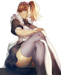Rule 34 | 1girl, blonde hair, blue eyes, breasts, chyko7080, commentary, crossed legs, glaring, highres, large breasts, looking at viewer, maid, maid headdress, original, panties, pantyshot, parted lips, ponytail, puffy short sleeves, puffy sleeves, scowl, shaded face, short sleeves, sitting, solo, thighhighs, underwear, white background, white panties, white thighhighs