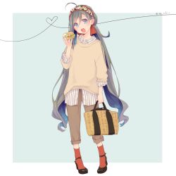 Rule 34 | 1girl, ahoge, alternate costume, bag, blue background, border, brown pants, brown sweater, burger, colis, commentary request, dress shirt, food, full body, grey eyes, grey hair, hair between eyes, hair bun, hairband, kantai collection, kiyoshimo (kancolle), looking at viewer, low twintails, open mouth, pants, red socks, round teeth, shirt, single hair bun, socks, solo, striped clothes, striped shirt, sweater, teeth, twintails, twitter username, two-tone background, upper teeth only, white border