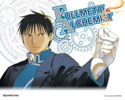 Rule 34 | 1boy, amestris military uniform, arakawa hiromu, black coat, black eyes, black hair, blue jacket, closed mouth, coat, collared jacket, copyright name, facing viewer, fire, fire, fullmetal alchemist, gears, gloves, hand up, jacket, looking to the side, magic circle, male focus, military, military uniform, roy mustang, simple background, smile, snapping fingers, spiked hair, square enix, tsurime, uniform, v-shaped eyebrows, white background, white gloves