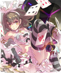 Rule 34 | 1girl, bare shoulders, black bow, blush, bow, box, brown hair, card, collar, commentary, elbow gloves, frills, gloves, gun, haku (sabosoda), handgun, holding, holding gun, holding weapon, key, official art, original, playing card, sitting, smile, solo, sparkle, striped clothes, striped thighhighs, thighhighs, watch, weapon, white collar, white gloves, white thighhighs, yellow eyes