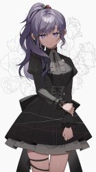Rule 34 | 1girl, absurdres, asahina mafuyu, black dress, commentary, dress, grey neckerchief, high ponytail, highres, juliet sleeves, leg ribbon, long hair, long sleeves, looking at viewer, lvemhrd, neckerchief, parted lips, pose request, project sekai, puffy sleeves, purple eyes, purple hair, ribbon, shaded face, sidelocks, solo, symbol-only commentary, thigh ribbon