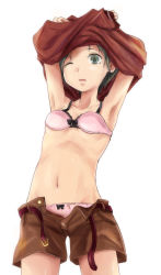 Rule 34 | 10s, 1girl, armpits, arms up, belt, bra, clothes lift, green eyes, green hair, kantai collection, kurona, matching hair/eyes, mogami (kancolle), navel, one eye closed, open belt, open fly, panties, pink bra, pink panties, shirt lift, short hair, shorts, solo, stomach, underwear, undressing, unzipped, white background