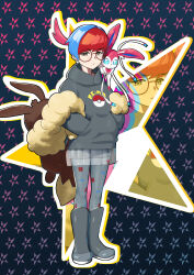 Rule 34 | 1girl, absurdres, backpack, bag, blue hair, boots, brown bag, brown eyes, closed mouth, commentary, creatures (company), g u g zy, game freak, gen 6 pokemon, glasses, hands in pockets, highres, hood, hood down, hoodie, multicolored hair, nintendo, on shoulder, pantyhose, penny (pokemon), pokemon, pokemon (creature), pokemon on shoulder, pokemon sv, red hair, round eyewear, see-through, see-through skirt, short hair, shorts, shorts under skirt, skirt, standing, sylveon, two-tone hair