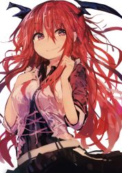 Rule 34 | 1girl, absurdres, belt, black skirt, black wings, breasts, closed mouth, fang, fang out, hair between eyes, hands up, head wings, highres, kaamin (mariarose753), koakuma, large breasts, long hair, looking at viewer, red eyes, red hair, simple background, skirt, smile, solo, touhou, white background, wings