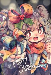 Rule 34 | + +, 1girl, animal, animal ears, black dress, blue capelet, blush, box, capelet, christmas, dress, gift, gift box, grey hair, highres, holding, holding gift, jewelry, long sleeves, looking at viewer, mame komari, merry christmas, mouse (animal), mouse ears, nazrin, open mouth, pendant, red eyes, red scarf, scarf, short eyebrows, short hair, smile, solo, touhou
