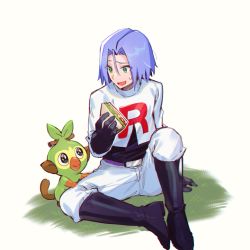 Rule 34 | 1boy, apple brk, blue hair, commentary request, creatures (company), eye contact, food, game freak, gen 8 pokemon, green eyes, grookey, james (pokemon), korean commentary, looking at another, male focus, nintendo, pokemon, pokemon (anime), pokemon (creature), sandwich, sitting, team rocket, team rocket uniform