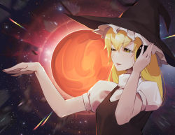 Rule 34 | 1girl, bejili, black hat, black vest, blonde hair, breasts, commentary request, cookie (touhou), frilled hat, frills, hair between eyes, hat, headphones, highres, kirisame marisa, long hair, looking afar, one eye closed, open mouth, puffy short sleeves, puffy sleeves, shirt, short sleeves, sky, small breasts, solo, star (sky), starry sky, touhou, turtleneck, upper body, uzuki (cookie), vest, white shirt, witch hat, yellow eyes