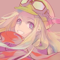 Rule 34 | 1girl, blonde hair, brown background, copyright request, feathers, flat cap, floating hair, goggles, goggles on headwear, green hat, grin, hat, hat feather, kanikame, long hair, looking at viewer, purple eyes, red scarf, scarf, simple background, smile, solo, upper body, white feathers