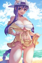 Rule 34 | 1girl, asymmetrical hair, bandeau, bare shoulders, baseball cap, bb (fate), bb (fate) (all), bb (fate/extra), bb (swimsuit mooncancer) (fate), bb (swimsuit mooncancer) (first ascension) (fate), beach, blue sky, blush, braid, breasts, cleavage, collarbone, cropped jacket, fate/grand order, fate (series), hat, hat ornament, highres, jacket, kneeling, large breasts, long hair, long sleeves, looking at viewer, midriff, miniskirt, open mouth, purple eyes, purple hair, shore, single braid, skirt, sky, smile, solo, star (symbol), star hat ornament, thighs, utani (punishment), very long hair, wading, white hat, yellow jacket, yellow skirt