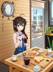 Rule 34 | 1girl, ahoge, black hair, blue eyes, blue necktie, blue skirt, braid, cake, chiffon cake, collared shirt, commentary request, cup, door, dress shirt, drink, drinking glass, drinking straw, food, hair flaps, hair ornament, hair over shoulder, hitakikan, kantai collection, necktie, official alternate costume, plate, shigure (kancolle), shigure kai ni (kancolle), shirt, single braid, sitting, skirt, sleeveless, sleeveless shirt, smile, solo, table, white shirt, window, wooden plate