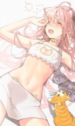Rule 34 | 1girl, ahoge, animal ears, bad id, bad twitter id, bell, breasts, cat, cat cutout, cat ears, clothing cutout, fang, hair ornament, hairclip, long hair, midriff, navel, neck bell, open mouth, original, patch oxxo, pink hair, sleepy, small breasts, yellow eyes