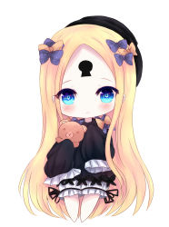 Rule 34 | 1girl, abigail williams (fate), barefoot, black bow, black dress, black hat, blonde hair, bloomers, blue eyes, blush, bow, bug, butterfly, chibi, closed mouth, dress, fate/grand order, fate (series), full body, hair bow, hat, head tilt, highres, hugging object, insect, keyhole, long hair, long sleeves, looking at viewer, miko (no1122334455a), orange bow, parted bangs, polka dot, polka dot bow, simple background, sleeves past wrists, solo, standing, stuffed animal, stuffed toy, teddy bear, underwear, very long hair, white background, white bloomers