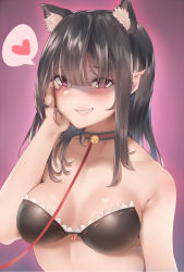 Rule 34 | 1girl, animal ear fluff, animal ears, bababababan, bad id, bad pixiv id, bell, black bra, black hair, blush, bow, bow bra, bra, collar, commentary request, grin, hand on own cheek, hand on own face, heart, leash, looking at viewer, neck bell, original, pointy ears, purple background, purple eyes, simple background, smile, solo, spoken heart, underwear, underwear only, upper body, viewer holding leash