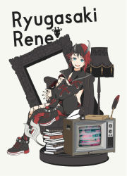 Rule 34 | 1girl, armchair, black footwear, black hair, black jacket, black nails, black pants, black sports bra, blue eyes, book, book stack, chain, chair, character name, commentary request, cross-laced pants, crt, demon girl, demon horns, demon tail, ear chain, ear piercing, earrings, fingernails, full body, horns, jacket, jewelry, lamp, long sleeves, looking at viewer, multicolored hair, nail polish, nanashi inc., open mouth, pants, picture frame, piercing, pointy ears, quill, red hair, red pants, ryugasaki rene, ryugasaki rene (1st costume), shoes, short hair, sitting, smile, sneakers, solo, sports bra, sugar lyric, taijiro (mofujiro), tail, television, two-tone hair, virtual youtuber, white background