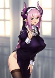 Rule 34 | 1girl, :d, bare hips, black thighhighs, blurry, blurry background, blush, breasts, cattleya (houtengeki), demon girl, depth of field, dress, groin, habit, heart, heart-shaped pupils, highres, horns, houtengeki, indoors, juliet sleeves, large breasts, leaning forward, long sleeves, looking at viewer, nun, open mouth, original, pelvic curtain, pointy ears, puffy long sleeves, puffy sleeves, purple dress, side slit, sidelocks, skindentation, smile, solo, symbol-shaped pupils, thighhighs, thighs, window