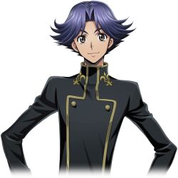 Rule 34 | 1boy, artist request, black shirt, blue hair, buttons, closed mouth, code geass, code geass: lost stories, cropped torso, game cg, grey eyes, hair flaps, hair intakes, hands on own hips, happy, long sleeves, male focus, non-web source, official art, parted bangs, rivalz cardemonde, school uniform, shirt, short hair, simple background, smile, solo, standing, transparent background, upper body