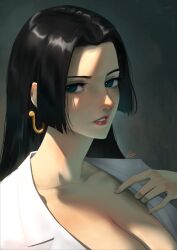 Rule 34 | 1girl, absurdres, alternate costume, black hair, blue eyes, boa hancock, commentary, earrings, english commentary, highres, jewelry, lips, lipstick, long hair, makeup, one piece, shirt, signature, snake earrings, solo, teeth, white shirt, zienu