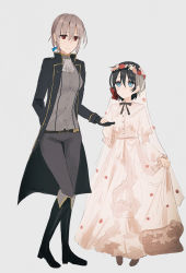 Rule 34 | 2girls, age difference, bad id, bad pixiv id, black footwear, black gloves, black hair, black jacket, blue eyes, blue ribbon, blush, boots, bow, bridal veil, brown footwear, dress, flower, gloves, grey background, grey hair, grey pants, grey shirt, hair between eyes, hair bow, hair flower, hair ornament, hair ribbon, height difference, highres, holding hands, jacket, juliet sleeves, knee boots, long sleeves, multiple girls, onee-loli, open clothes, open jacket, original, pants, pink flower, puffy sleeves, red bow, red eyes, red flower, red rose, ribbon, rose, sakanaoishiiumauma, see-through, shirt, shoes, simple background, veil, wedding dress, white dress, white flower, wide sleeves, yuri