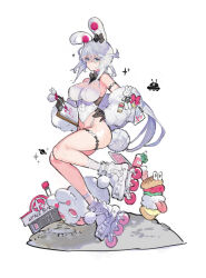 Rule 34 | 1girl, animal ears, bow, bowtie, breasts, copyright request, detached sleeves, large breasts, long hair, rabbit ears, roller skates, skates, solo, starshadowmagician, thighs, very long hair, white background, white hair
