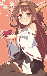 Rule 34 | 10s, 1girl, 9law, bad id, bad pixiv id, blue eyes, bowl, brown hair, brown thighhighs, detached sleeves, headgear, highres, kantai collection, kongou (kancolle), long hair, looking at viewer, nontraditional miko, personification, signature, sitting, sketch, skirt, smile, solo, thighhighs, wariza