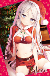 Rule 34 | 1girl, bell, belt, belt bra, blue eyes, blush, breasts, capelet, christmas, christmas ornaments, christmas tree, closed mouth, cura, dutch angle, fingernails, fur trim, gift, group name, hat, highres, houshou kisaki, indoors, jingle bell, long hair, looking at viewer, maitetsu, medium breasts, miniskirt, navel, parted bangs, red capelet, red ribbon, red skirt, ribbon, santa costume, santa hat, scan, silver hair, sitting, skirt, smile, solo, star (symbol), thighhighs, very long hair, wariza, white thighhighs