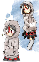 Rule 34 | 1girl, arrow (symbol), black hair, black skirt, chamaji, closed mouth, commentary, covered horns, drawstring, expressionless, eyes visible through hair, female focus, grey hoodie, grey thighhighs, hair between eyes, hands in pockets, highres, hood, hood up, hoodie, horns, imagining, kijin seija, looking away, looking to the side, multicolored clothes, multicolored hair, multicolored skirt, multiple views, outdoors, red eyes, red hair, red skirt, short hair, skirt, slit pupils, smile, sparkle, standing, streaked hair, thighhighs, touhou, truth, tsurime, v-shaped eyebrows, white hair, zettai ryouiki