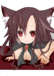 Rule 34 | 1girl, animal ears, aoringohime, breasts, brooch, brown hair, cape, censored, convenient censoring, fingernails, imaizumi kagerou, jewelry, large breasts, long fingernails, long hair, naked cape, red eyes, smile, topless frame, touhou, wolf ears