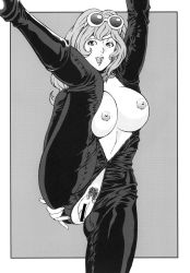 Rule 34 | 1girl, breasts, censored, female focus, female pubic hair, highres, large breasts, legs up, long hair, looking at viewer, lupin iii, mine fujiko, monochrome, nipples, no bra, no panties, open mouth, pubic hair, pussy, rippadou, simple background, solo, standing, sunglasses, thighhighs, tms entertainment