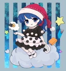 Rule 34 | 1girl, black bow, black dress, black sleeves, blue background, blue eyes, blue hair, blush, book, boots, bow, chibi, cloud, doremy sweet, dress, gradient background, grey background, hand up, hat, looking at viewer, on cloud, open mouth, pom pom (clothes), ponytail, red hat, rei (tonbo0430), short hair, short sleeves, sitting, smile, solo, star (symbol), starry background, striped, striped background, tail, touhou, white dress, white footwear