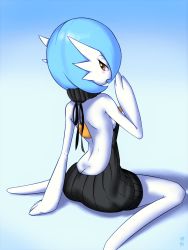 Rule 34 | 1girl, alternate color, arched back, arm support, artist name, back, bare shoulders, black sweater, blue background, blue hair, blush, breasts, butt crack, colored skin, creatures (company), female focus, from behind, full body, game freak, gardevoir, gen 3 pokemon, gradient background, half-closed eyes, hand up, highres, junjie-oyan, looking back, looking to the side, meme attire, nintendo, open mouth, orange eyes, pokemon, pokemon (creature), ribbed sweater, shiny pokemon, short hair, sideboob, signature, simple background, sitting, small breasts, solo, spread legs, sweater, tongue, tongue out, turtleneck, virgin killer sweater, wariza, white skin