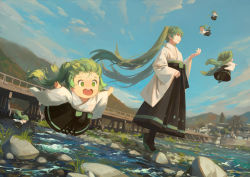 Rule 34 | 6+girls, :d, black hakama, blue sky, bridge, chibi, cloud, cloudy sky, commentary request, day, dutch angle, floating hair, flying, green eyes, green hair, hakama, hakama skirt, hatsune miku, high heels, highres, japanese clothes, kyoto, long hair, long sleeves, mini person, minigirl, multiple girls, multiple persona, open mouth, outdoors, outstretched arms, parted lips, skirt, sky, smile, spread arms, standing, twintails, very long hair, vocaloid, water, wide sleeves, xiaobanbei milk