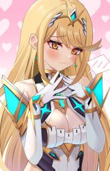 Rule 34 | 1girl, bare shoulders, blonde hair, blush, breasts, cleavage, closed mouth, collarbone, commentary request, dress, earrings, elbow gloves, gloves, hands up, headpiece, heart, heart background, highres, jewelry, kyaro (wanu 14), large breasts, long hair, looking down, mythra (xenoblade), orange eyes, pink background, solo, spoken blush, steepled fingers, upper body, very long hair, white dress, white gloves, xenoblade chronicles (series), xenoblade chronicles 2