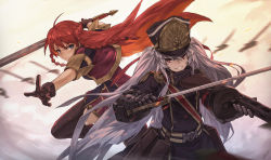 Rule 34 | 2girls, ahoge, altair (re:creators), armor, belt, blue eyes, braid, brown gloves, closed mouth, embers, gloves, grey hair, grin, gun, hair between eyes, hair tie, hat, highres, holding, holding gun, holding sword, holding weapon, long hair, looking at viewer, military, military uniform, multiple girls, outstretched arm, photoshop (medium), ppsh-41, re:creators, red eyes, red hair, revision, saber (weapon), selesia upitiria, smile, submachine gun, sword, thighhighs, uniform, very long hair, weapon, white background, zhaoyuan pan