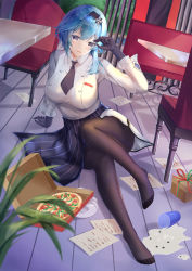 Rule 34 | 1girl, absurdres, apron, arm support, black apron, black hairband, black necktie, black pantyhose, blue hair, box, breasts, commentary request, eula (genshin impact), eula (pizza hut) (genshin impact), food, genshin impact, gift, gift box, hairband, hand up, heiyulingkong, highres, large breasts, long sleeves, looking at viewer, medium hair, necktie, open mouth, pantyhose, paper, pizza, pizza box, purple eyes, shadow, shirt, sitting, solo, spill, waist apron, white shirt
