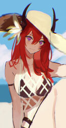 Rule 34 | 1girl, arknights, bare shoulders, beach, bear hat, bikini, black bikini, blush, breasts, cleavage, closed mouth, collarbone, commentary request, day, demon horns, feet out of frame, hair between eyes, horns, large breasts, long hair, looking at viewer, multico, outdoors, purple eyes, red hair, sitting, smile, solo, stomach, surtr (arknights), swimsuit