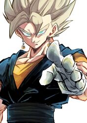 Rule 34 | 1boy, 9302w (user wjpg8475), aqua eyes, arm up, blonde hair, dougi, dragon ball, dragonball z, earrings, foreshortening, gloves, grey hair, grin, highres, jewelry, large pectorals, looking at viewer, male focus, muscular, muscular male, pectorals, perspective, potara earrings, reaching, reaching towards viewer, simple background, smile, solo, spiked hair, super saiyan, super saiyan 1, upper body, vegetto, white background, white gloves