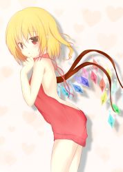 Rule 34 | 1girl, absurdres, alternate costume, backless outfit, bare arms, bare back, bare shoulders, blonde hair, blush, cowboy shot, crystal, drawstring, dress, flandre scarlet, from side, halterneck, highres, kaji (galaxygandamu), looking at viewer, looking to the side, meme attire, parted lips, red eyes, red sweater, ribbed sweater, solo, sweater, sweater dress, touhou, virgin killer sweater, wings