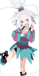 Rule 34 | 1girl, aqua eyes, black footwear, blush, boots, creatures (company), dress, game freak, grey hair, gym leader, hair bobbles, hair ornament, ixy, long sleeves, looking at viewer, nintendo, open mouth, platform boots, platform footwear, pokemon, pokemon bw2, roxie (pokemon), short hair, simple background, solo, standing, standing on one leg, striped clothes, striped dress, white background