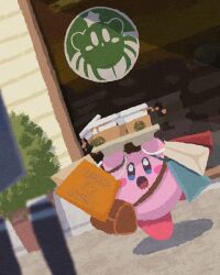 Rule 34 | :o, arms up, bag, blue eyes, blurry, blurry foreground, blush, blush stickers, brand name imitation, brown bag, bush, carton, coffee, coffee cup, commentary, cup, day, depth of field, disposable cup, english commentary, full body, highres, holding, holding bag, kirby, kirby (series), miclot, nintendo, no humans, open mouth, outdoors, shopping bag, shoulder bag, spilling, standing, star (symbol), starbucks