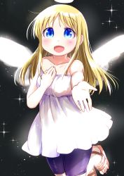 Rule 34 | 1girl, absurdres, anagurautubo, bike shorts, blonde hair, blue eyes, blush, crimvael, dress, extended hand, feet, halo, hand on own chest, highres, ishuzoku reviewers, long hair, looking at viewer, open mouth, sandals, shorts, sky, solo, star (sky), starry sky, toes, white dress, wings