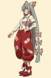 Rule 34 | 1girl, absurdly long hair, armband, bow, breasts, collared shirt, fujiwara no mokou, full body, grey hair, hair bow, head tilt, hebmu11er, long hair, long sleeves, looking at viewer, looking down, looking to the side, pants, puffy long sleeves, puffy sleeves, red eyes, red footwear, red pants, shirt, shoes, simple background, smile, solo, suspenders, touhou, very long hair